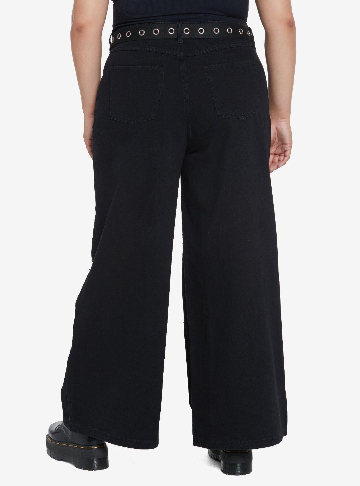 Social Collision Black Destructed Straight Leg Pants With Belt Plus Size, BLACK, alternate