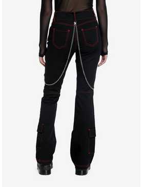 Social Collision Black & Red Contrast Stitch Strap Flare Pants, , hi-res