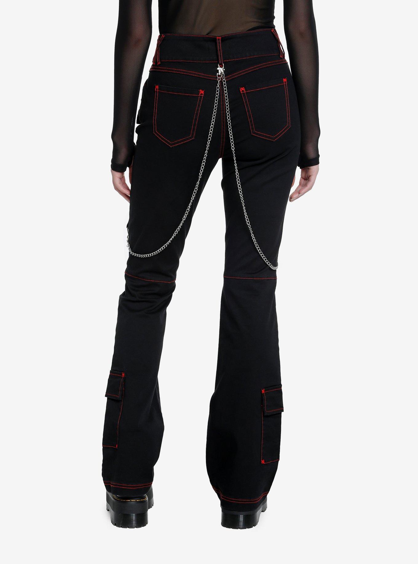 Black & Red Contrast Stitch Strap Flare Pants, BLACK, alternate