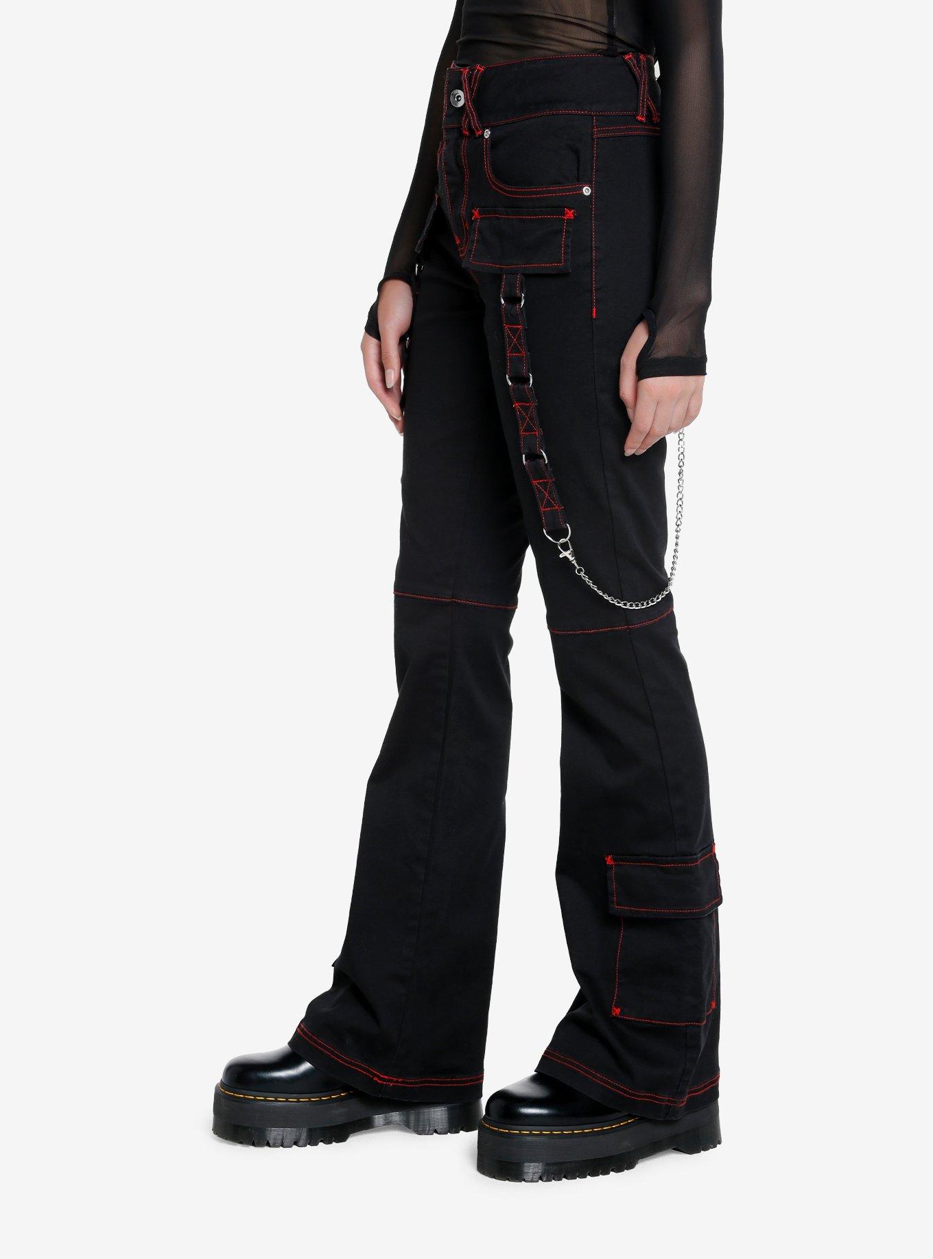 Black & Red Contrast Stitch Strap Flare Pants, BLACK, alternate