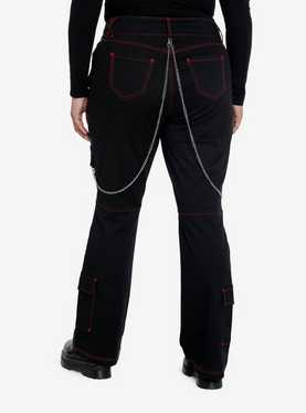 Social Collision Black & Red Contrast Stitch Strap Flare Pants Plus Size, , hi-res