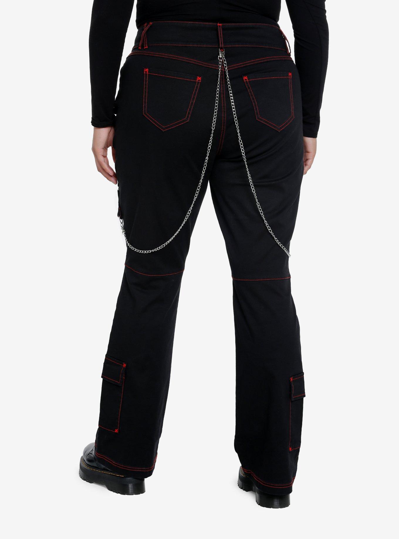 Black & Red Contrast Stitch Strap Flare Pants Plus Size, BLACK, alternate
