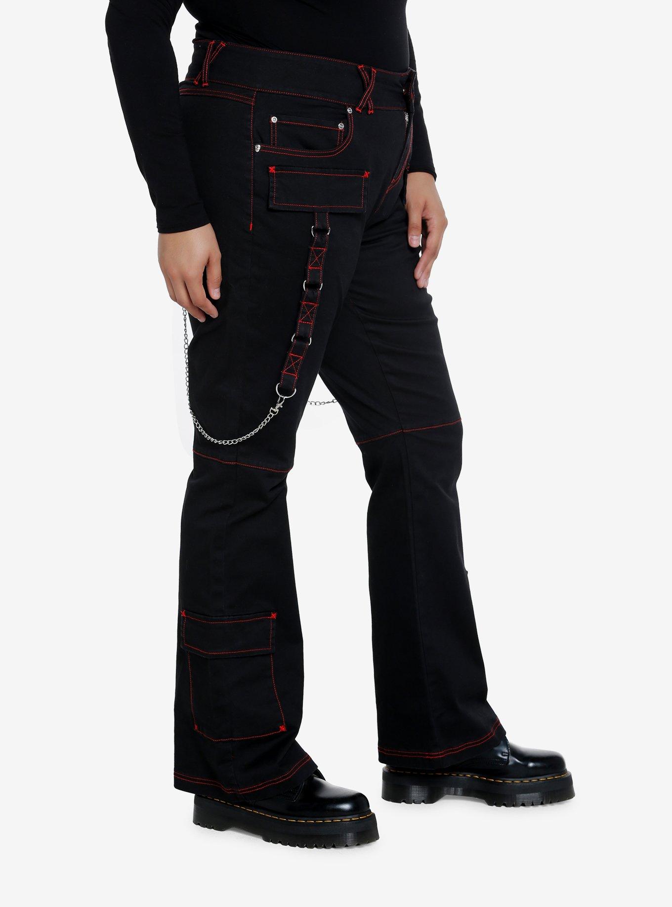 Black & Red Contrast Stitch Strap Flare Pants Plus Size, BLACK, alternate