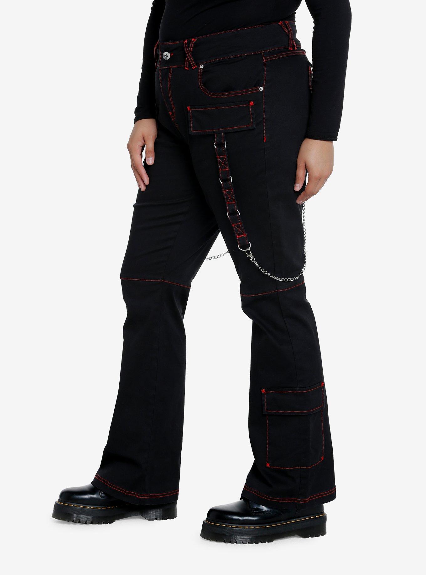 Black & Red Contrast Stitch Strap Flare Pants Plus Size, BLACK, alternate
