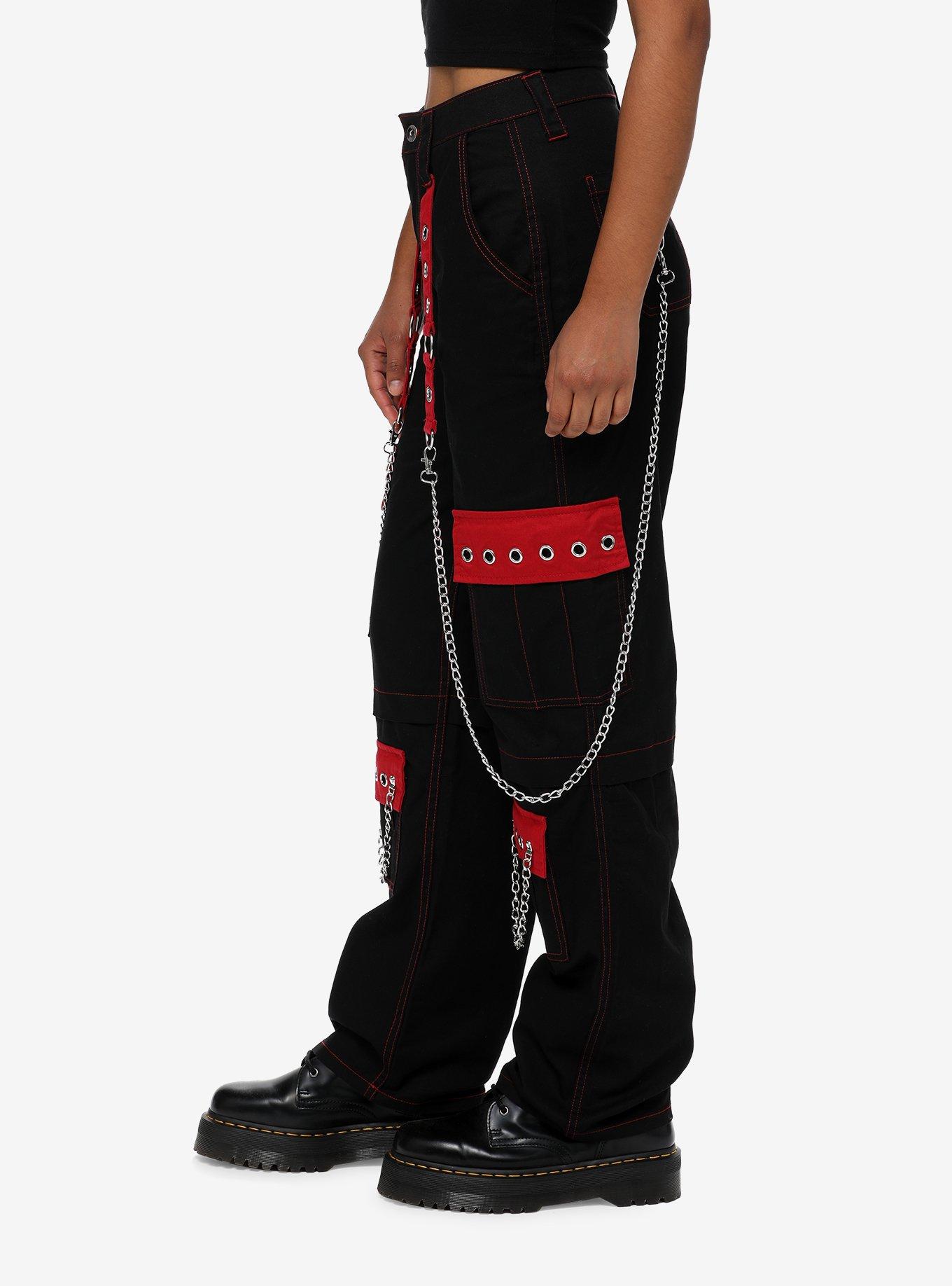 Black & Red Grommet Strap Carpenter Pants, RED, alternate