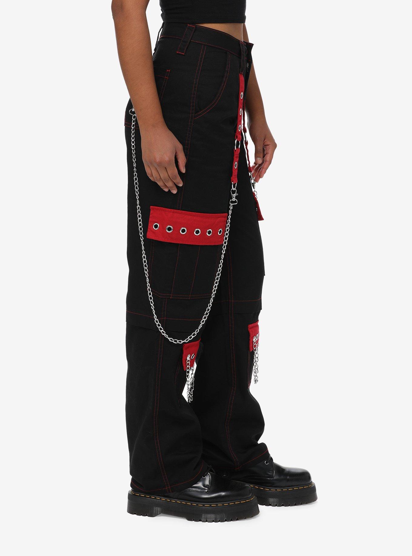 Black & Red Grommet Strap Carpenter Pants, RED, alternate