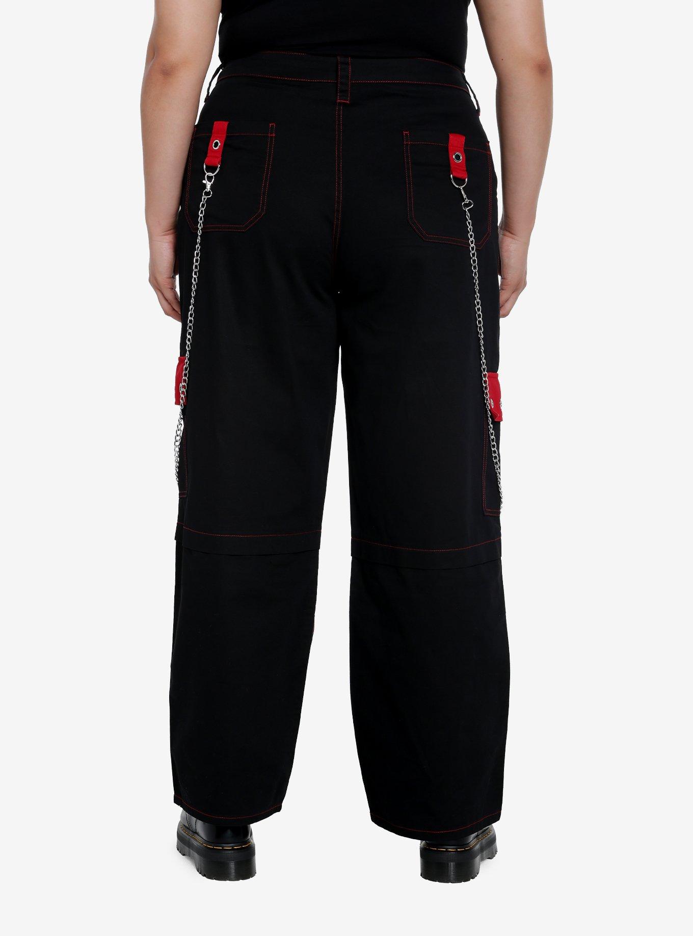 Black & Red Grommet Strap Carpenter Pants Plus Size, RED, alternate