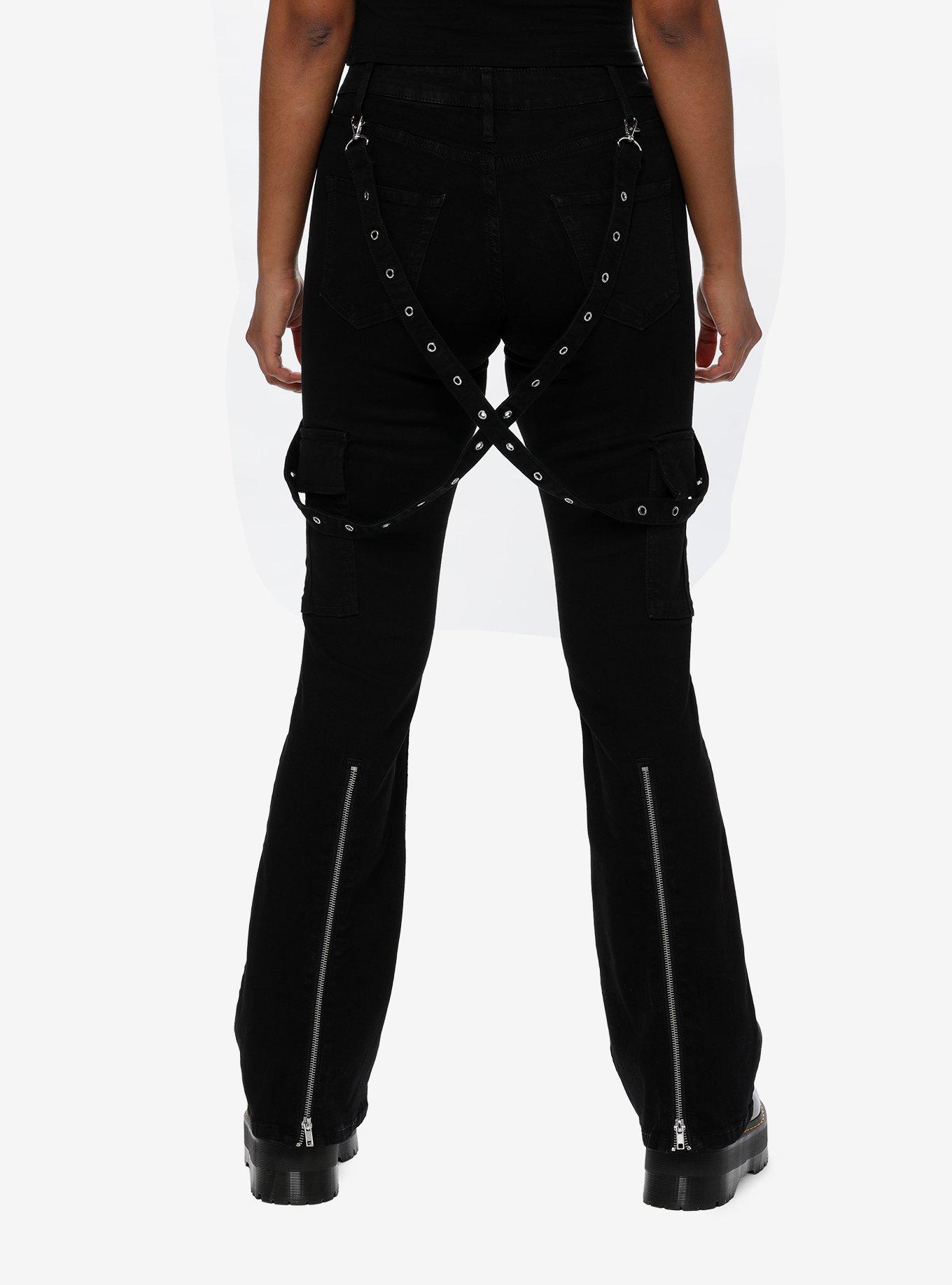 Black Grommet Suspender Flare Pants, BLACK, alternate