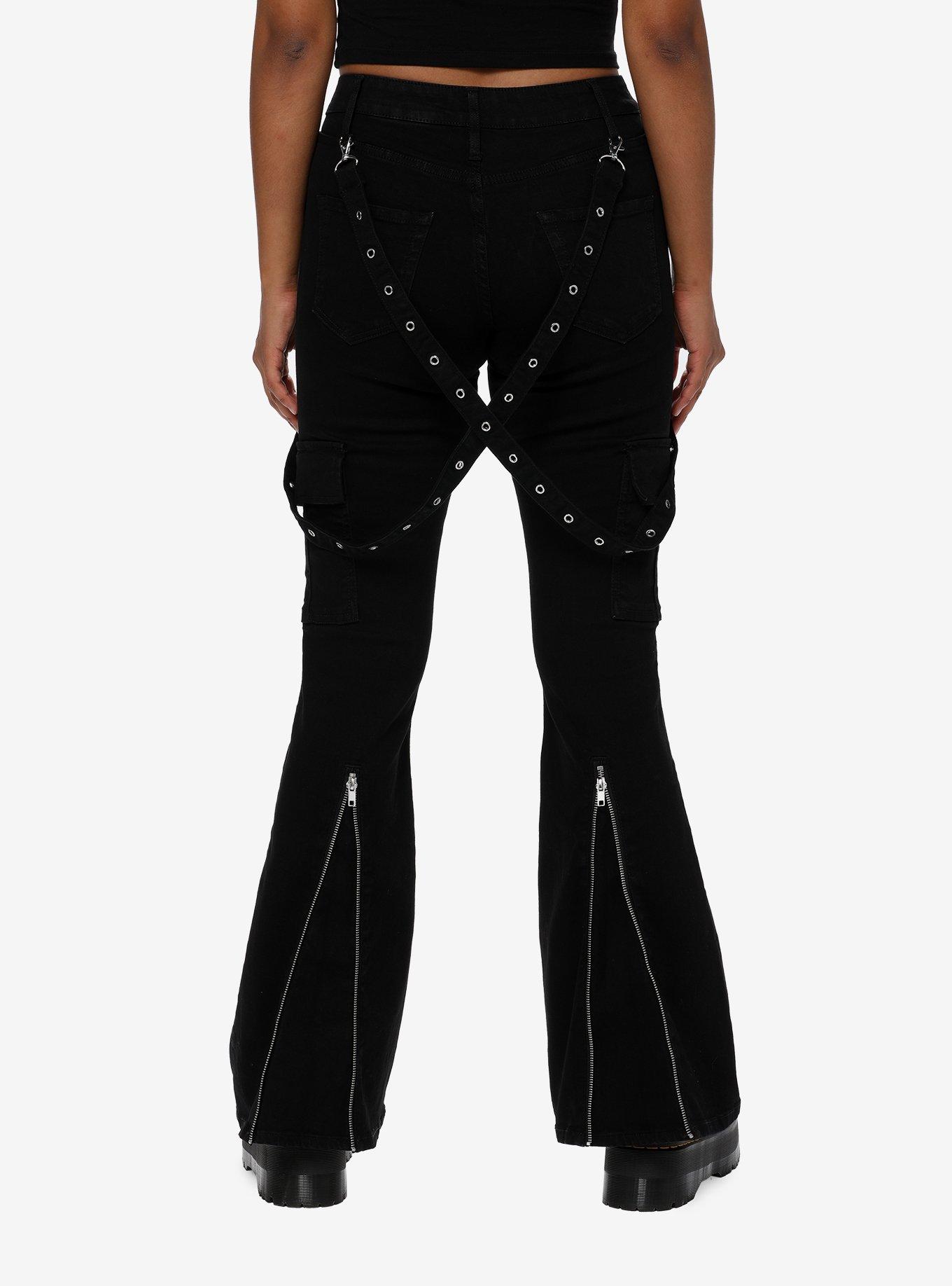 Black Grommet Suspender Flare Pants, BLACK, alternate