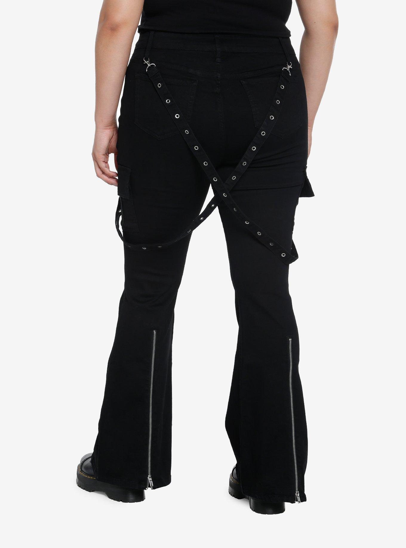 Black Grommet Suspender Flared Pants Plus Size, BLACK, alternate