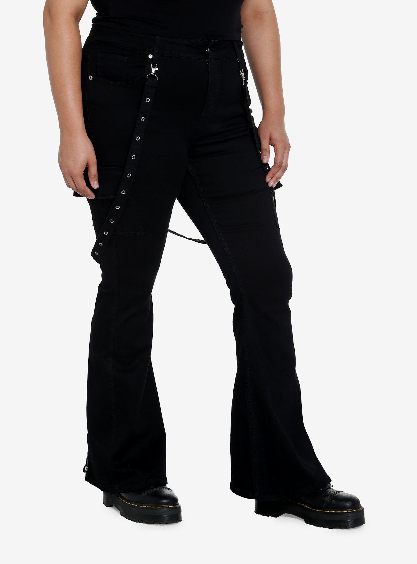 Black Grommet Suspender Flared Pants Plus Size, BLACK, alternate