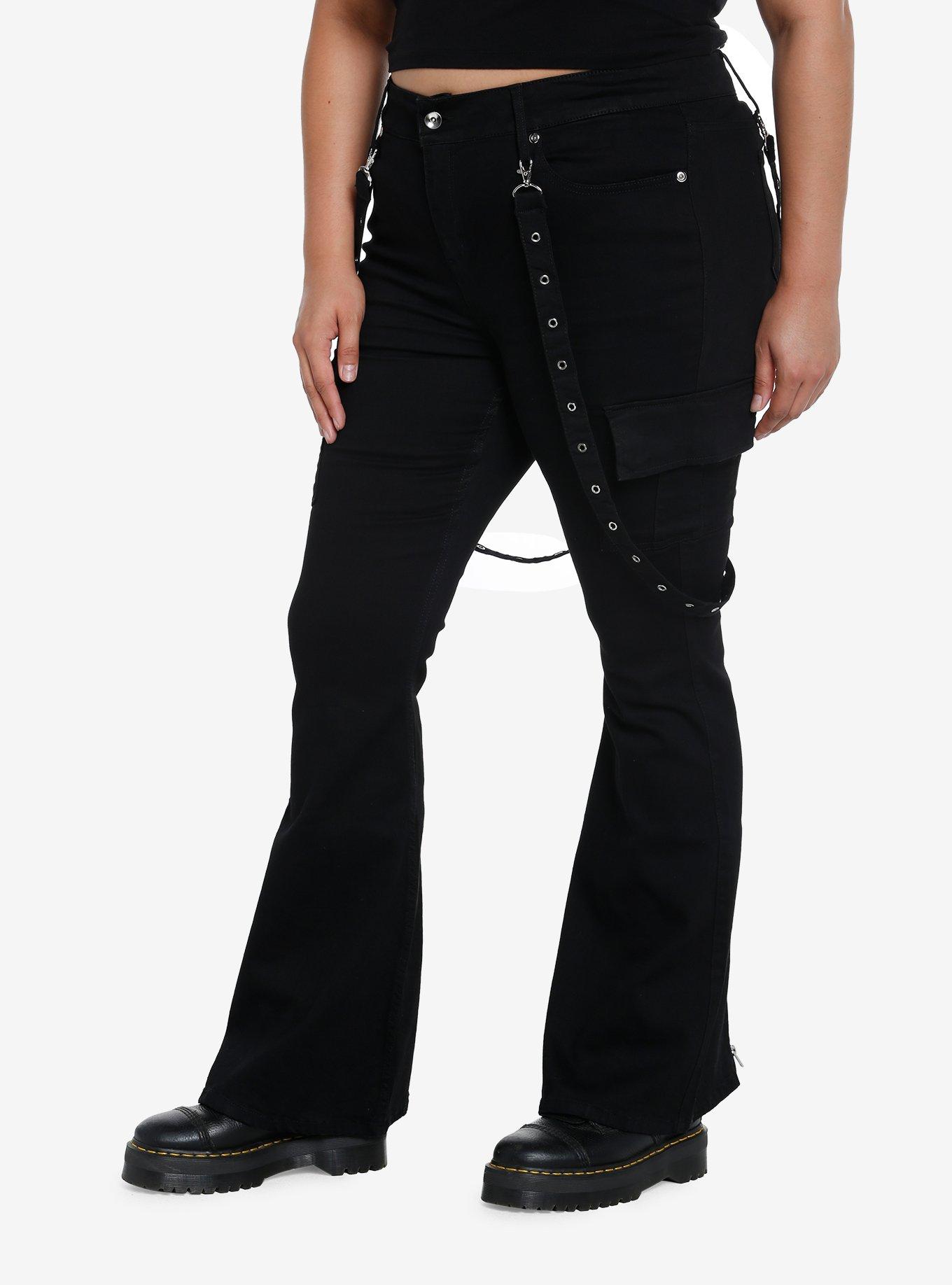 Black Grommet Suspender Flared Pants Plus Size, BLACK, alternate