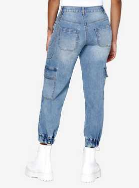 Light Indigo Cargo Side Chain Denim Jogger Pants, , hi-res