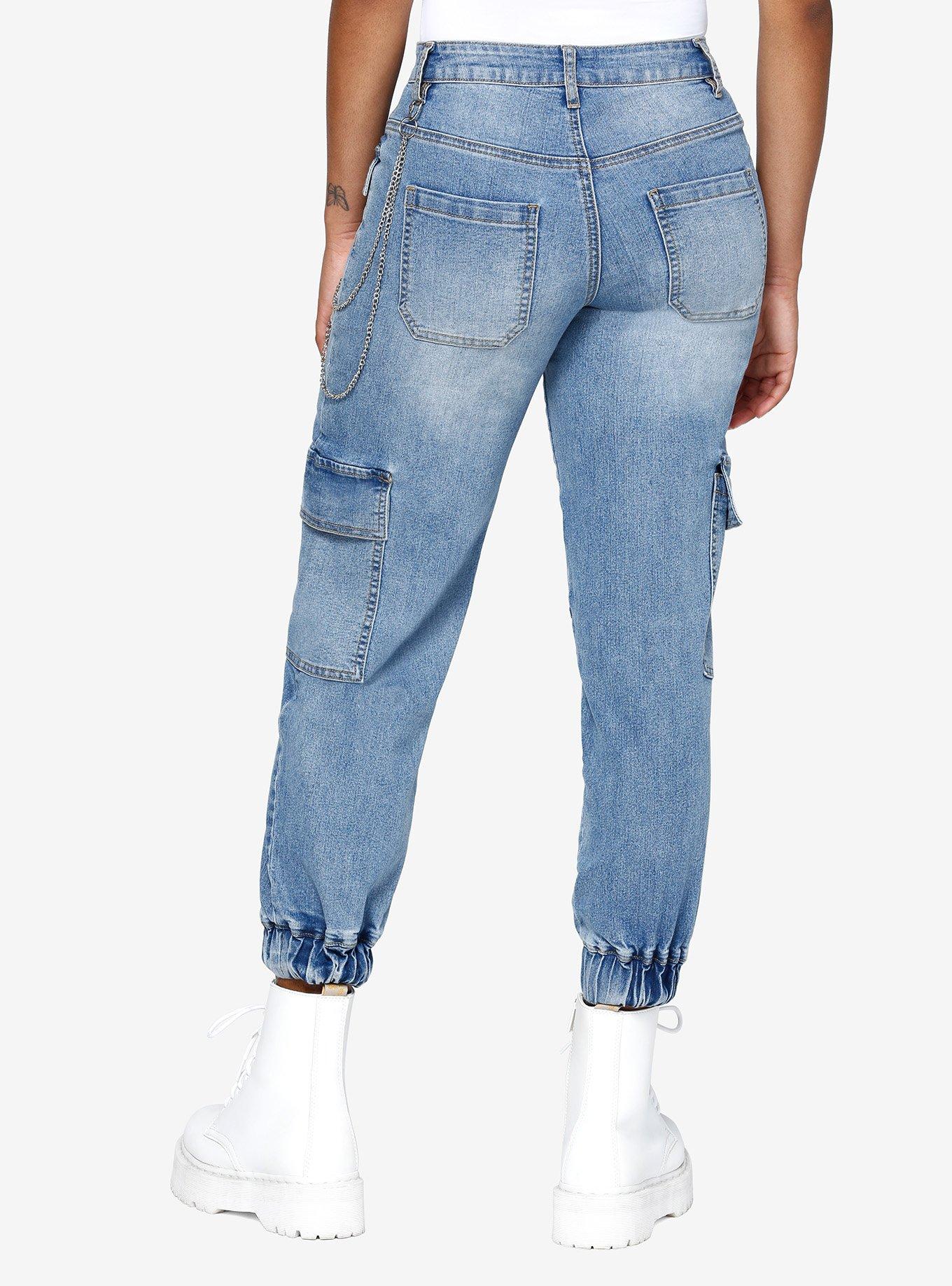 Light Indigo Cargo Side Chain Denim Jogger Pants, INDIGO, alternate