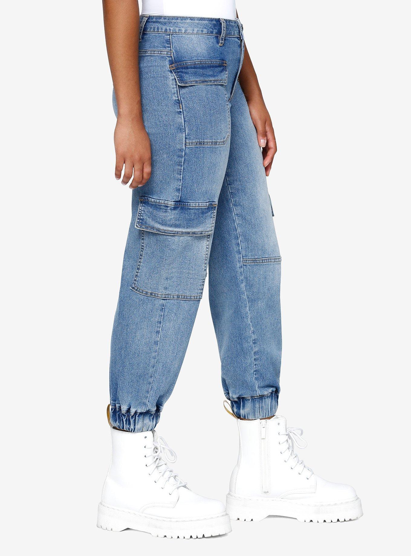 Light Indigo Cargo Side Chain Denim Jogger Pants, INDIGO, alternate