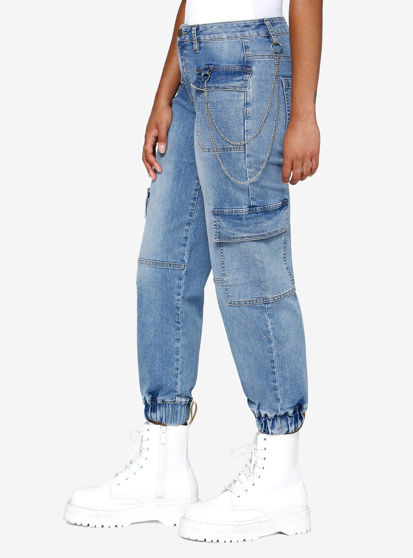Light Indigo Cargo Side Chain Denim Jogger Pants, INDIGO, alternate