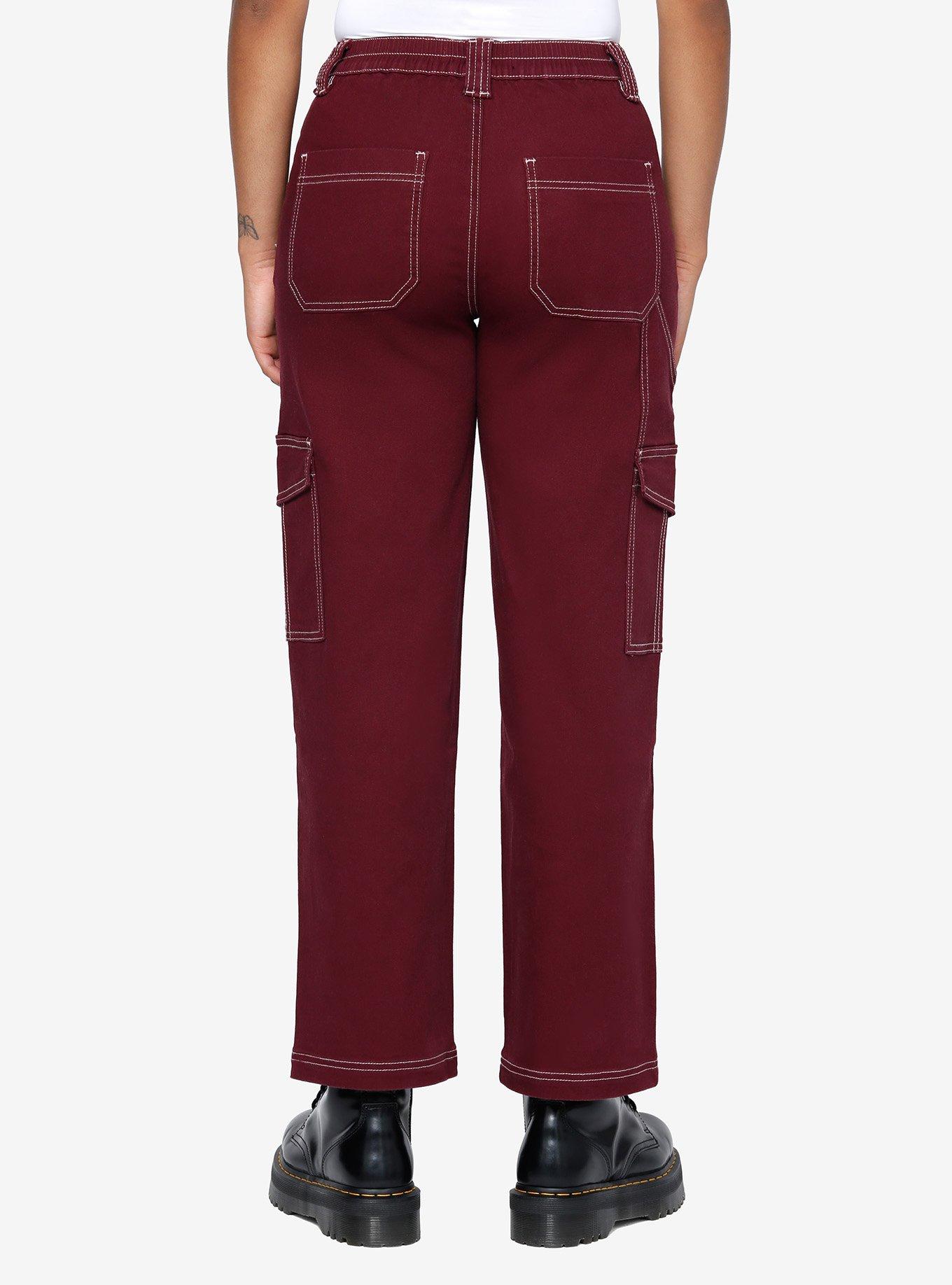 Burgundy Contrast Stitch Girls Cargo Pants, BURGUNDY, alternate