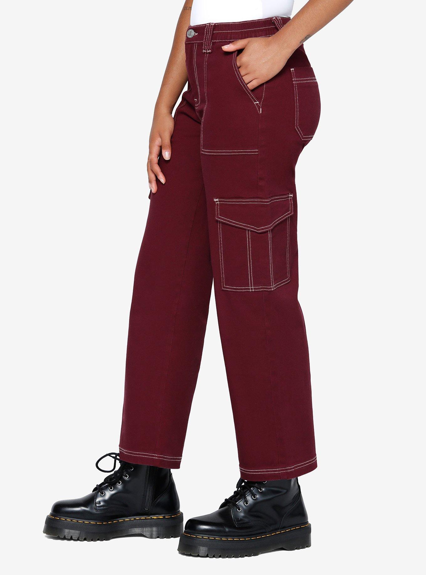 Burgundy Contrast Stitch Girls Cargo Pants, BURGUNDY, alternate