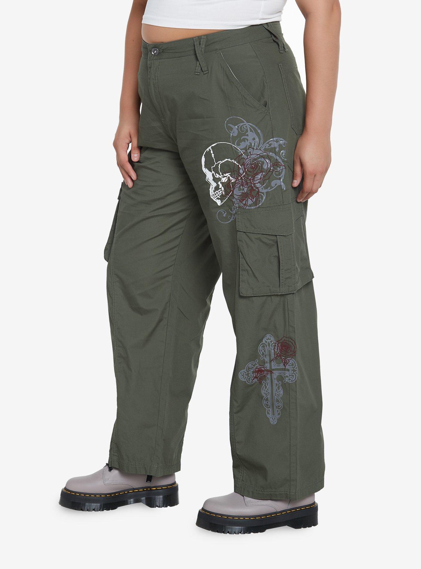 Graffiti Skull Cargo Pants Plus Size, OLIVE, alternate