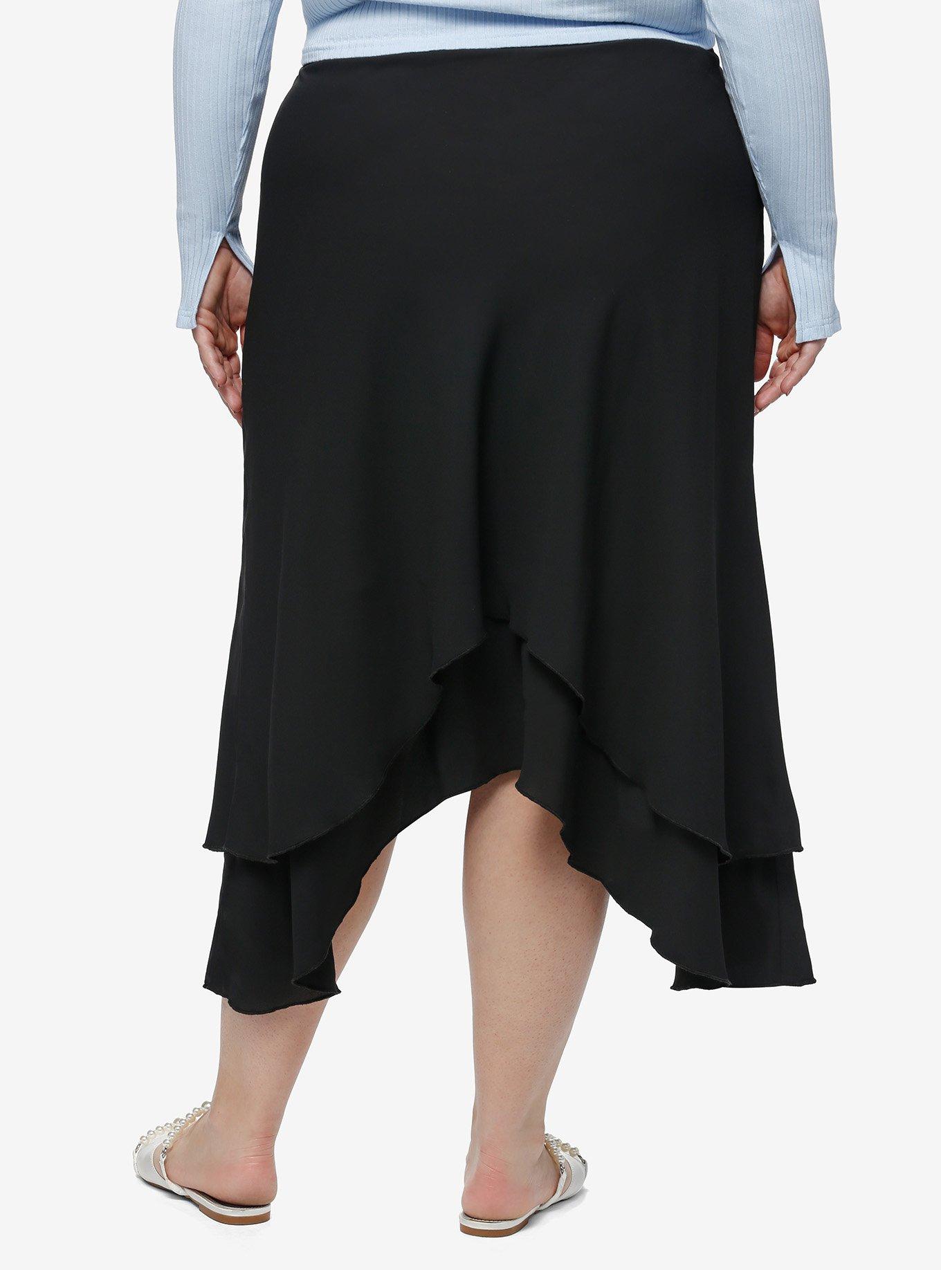 Cosmic Aura Black Asymmetrical Midi Skirt Plus Size, BLACK, alternate