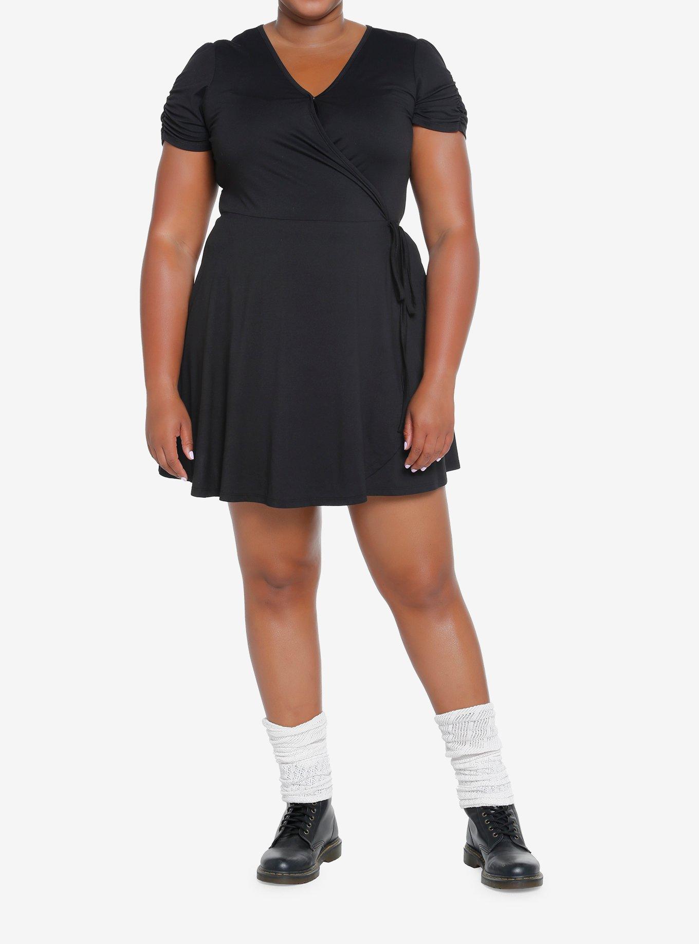Black Wrap Flared Dress Plus Size, BLACK, alternate