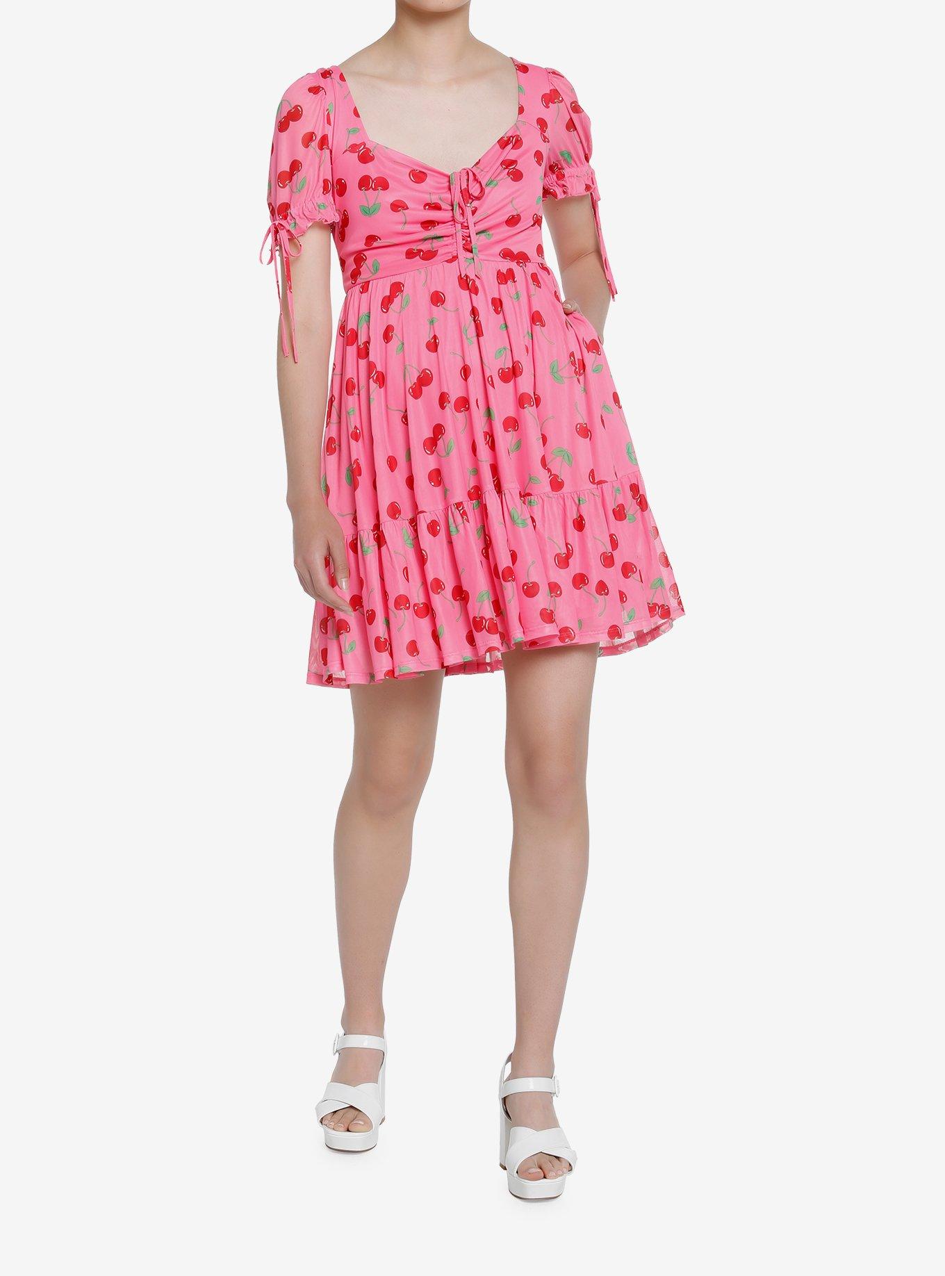 Sweet Society Cherries Pink Puff Sleeve Dress, PINK, alternate