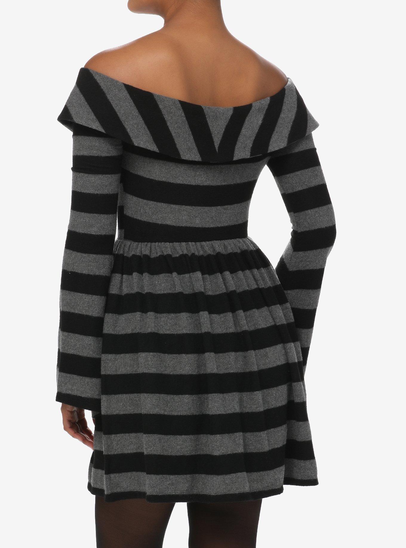 Social Collision Striped Off-The-Shoulder Long-Sleeve Dress, STRIPES-GREY, alternate