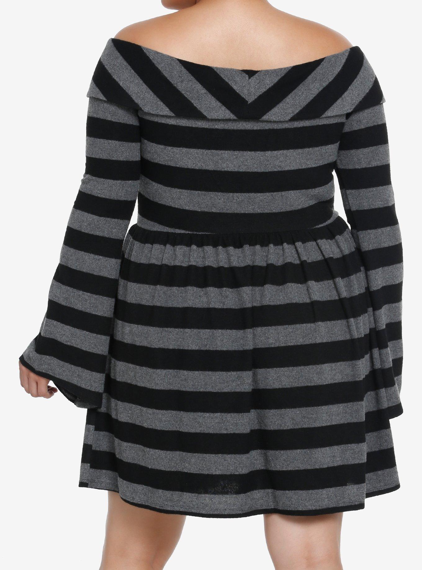 Social Collision Striped Off Shoulder Long-Sleeve Dress Plus Size, STRIPES-GREY, alternate