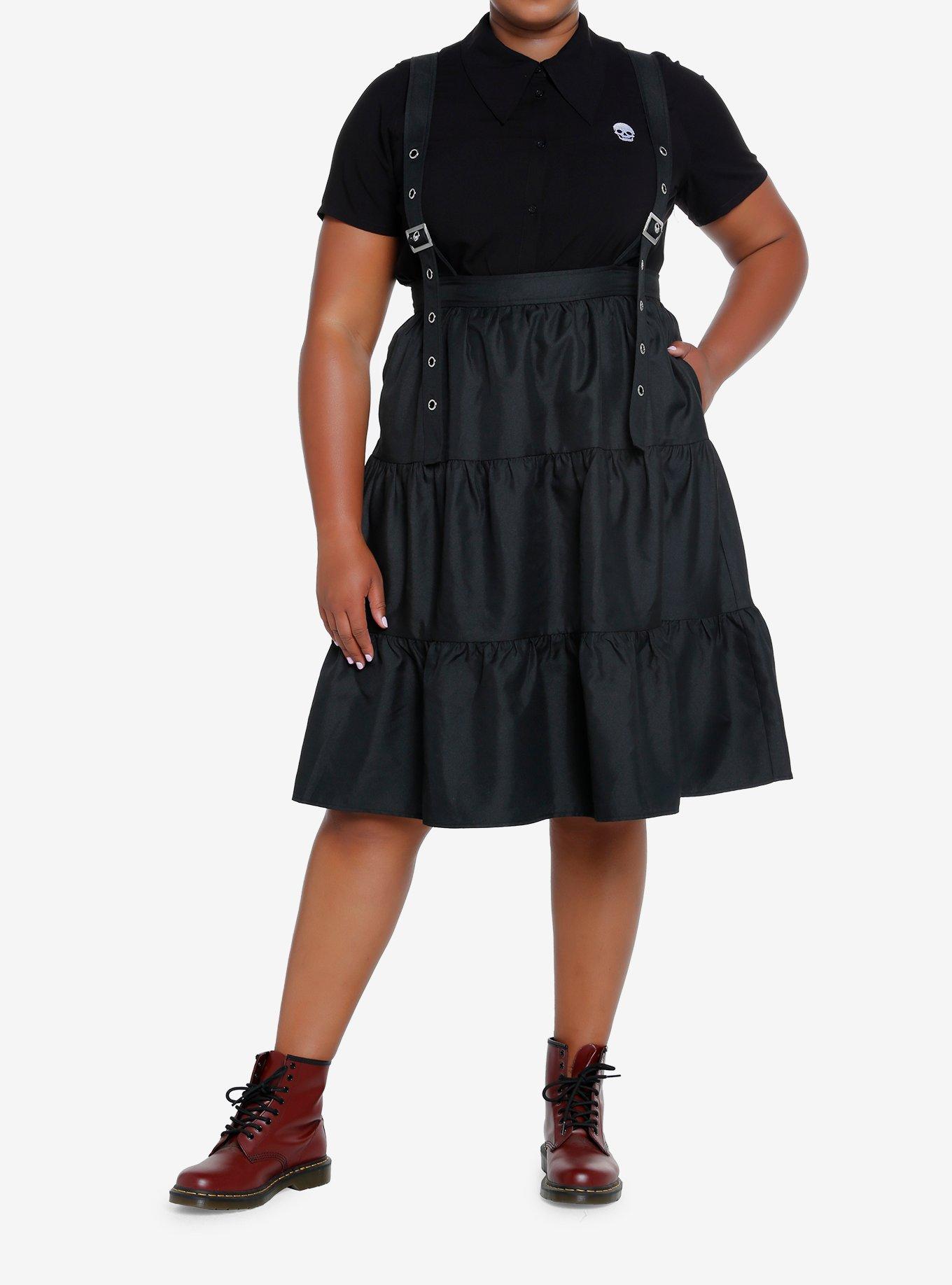 Cosmic Aura Black Tiered Suspender Skirt Plus Size, , hi-res