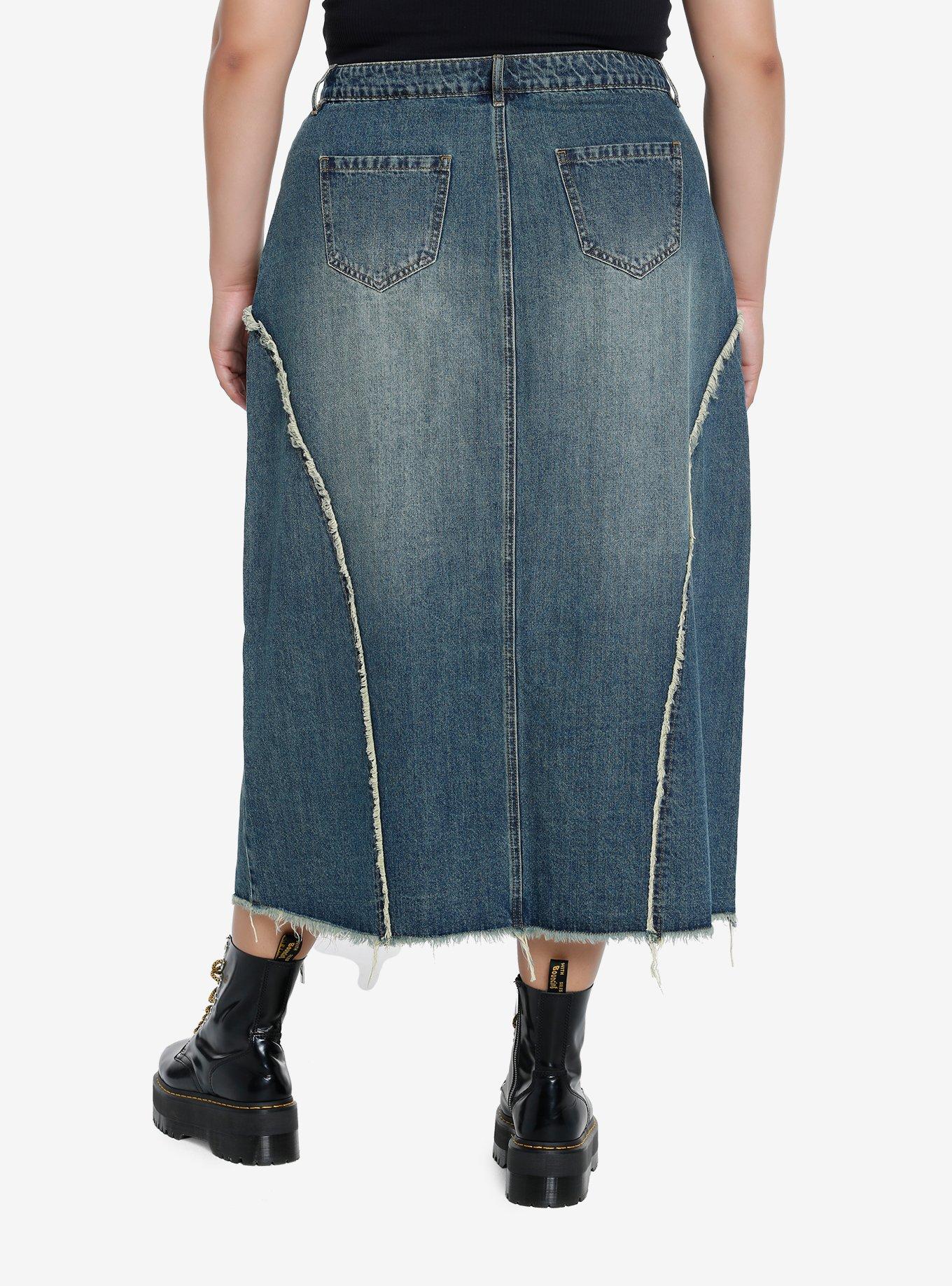 Social Collision Frayed Star Denim Maxi Skirt Plus Size, , hi-res