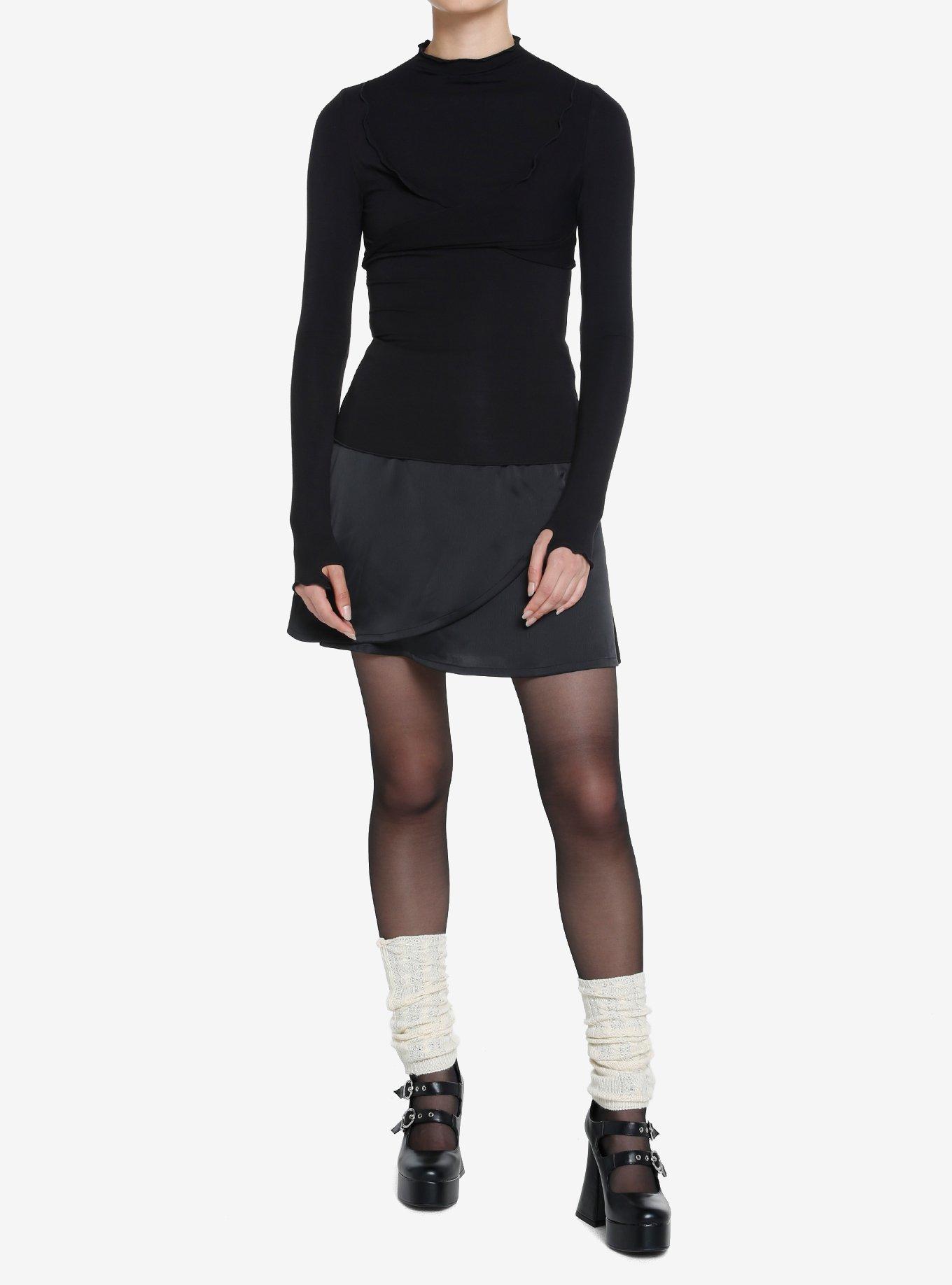 Black Lettuce Trim Twist Turtleneck Girls Long-Sleeve Top, BLACK, alternate