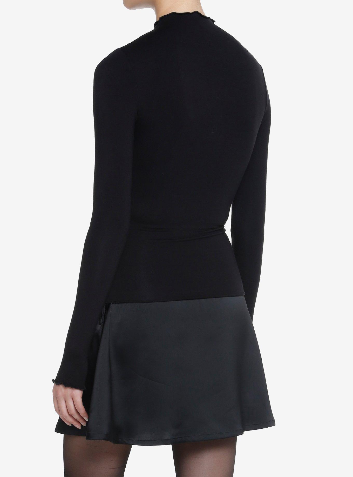 Black Lettuce Trim Twist Turtleneck Girls Long-Sleeve Top, BLACK, alternate