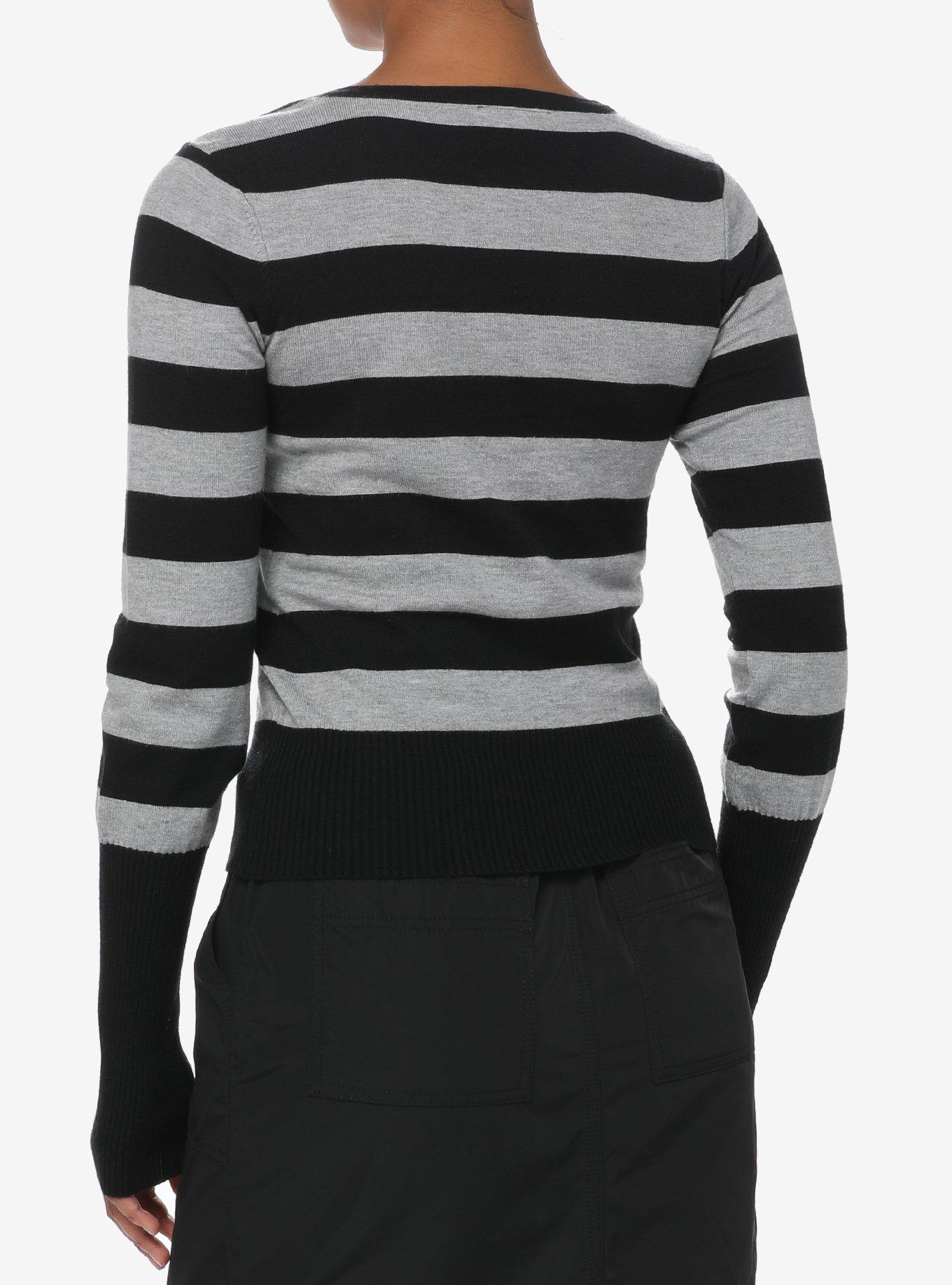 Social Collision Black & Grey Stripe Rhinestone Skull Girls Long-Sleeve Top, STRIPES-GREY, alternate