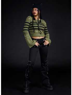 Social Collision Green & Black Stripe Bell Sleeve Sweater, , hi-res