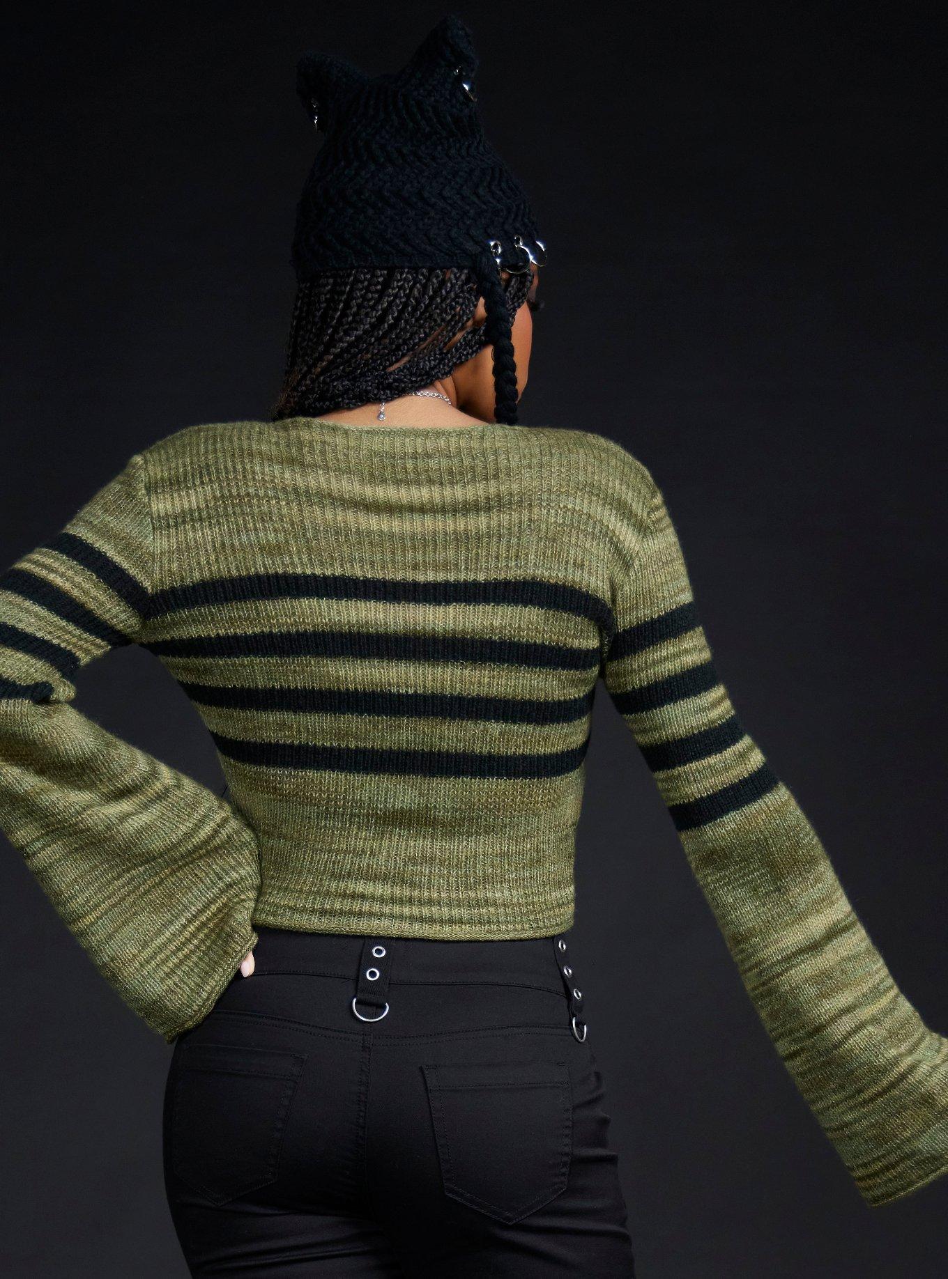 Social Collision Green & Black Stripe Bell Sleeve Sweater, GREEN, alternate
