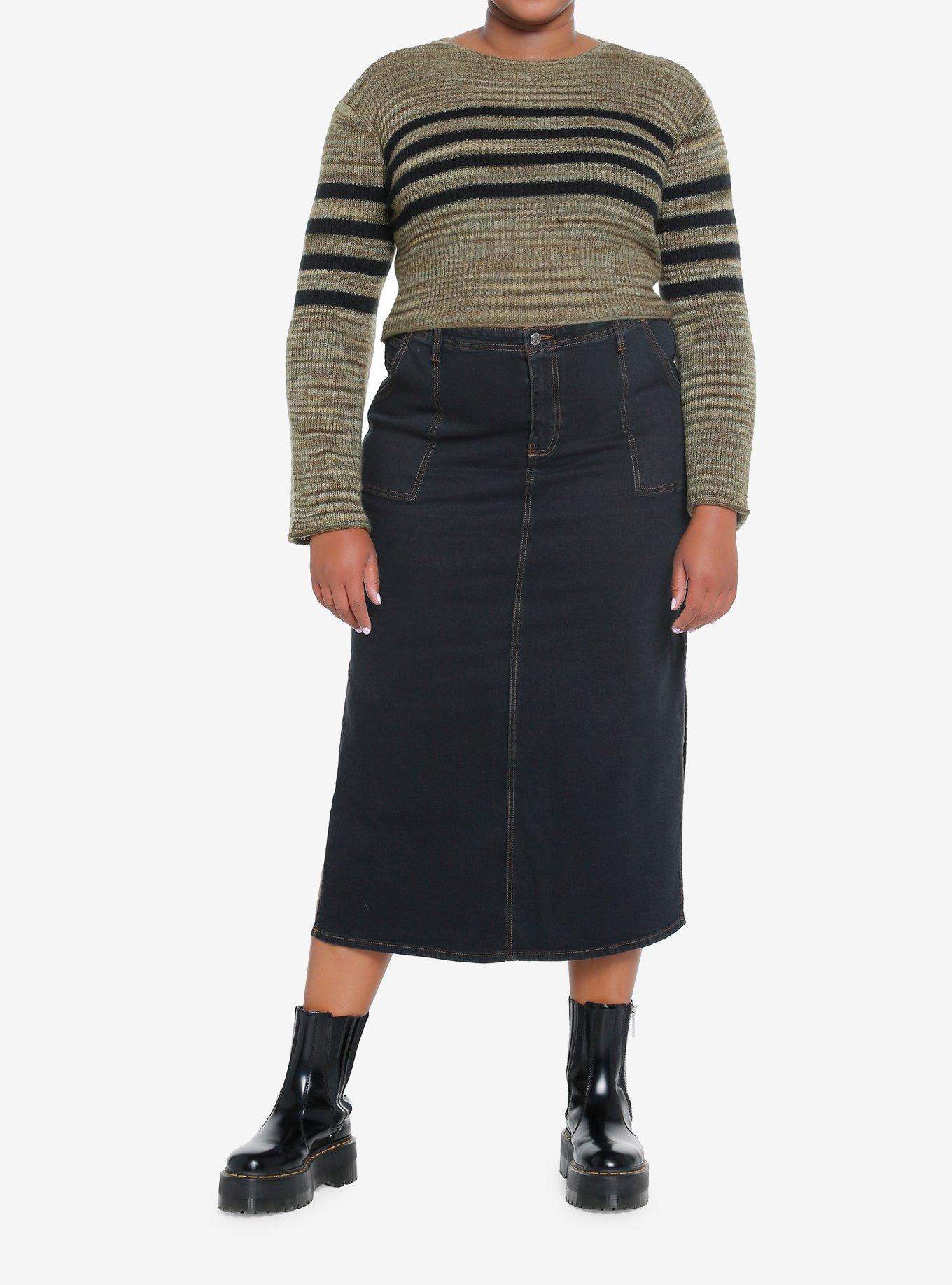 Social Collision Green & Black Stripe Bell Sleeve Sweater Plus Size, GREEN, alternate