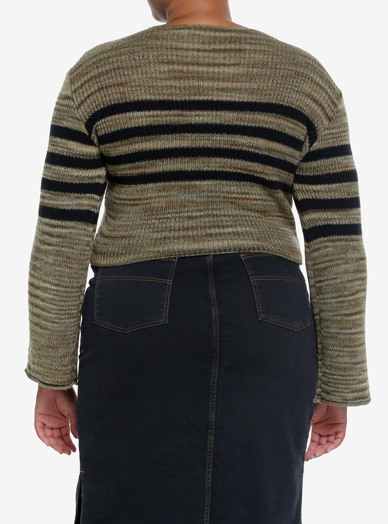 Social Collision Green & Black Stripe Bell Sleeve Sweater Plus Size, GREEN, alternate