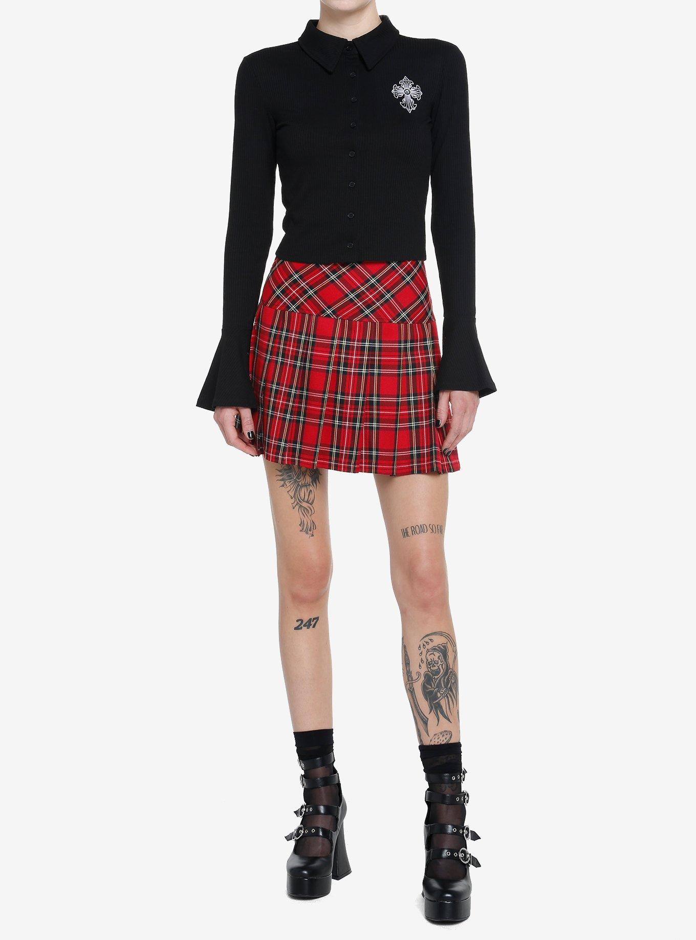 Cosmic Aura Gothic Cross Bell Sleeve Girls Button-Up Top, BLACK, alternate