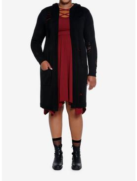 Cosmic Aura Black Distressed Girls Hooded Cardigan Plus Size, , hi-res
