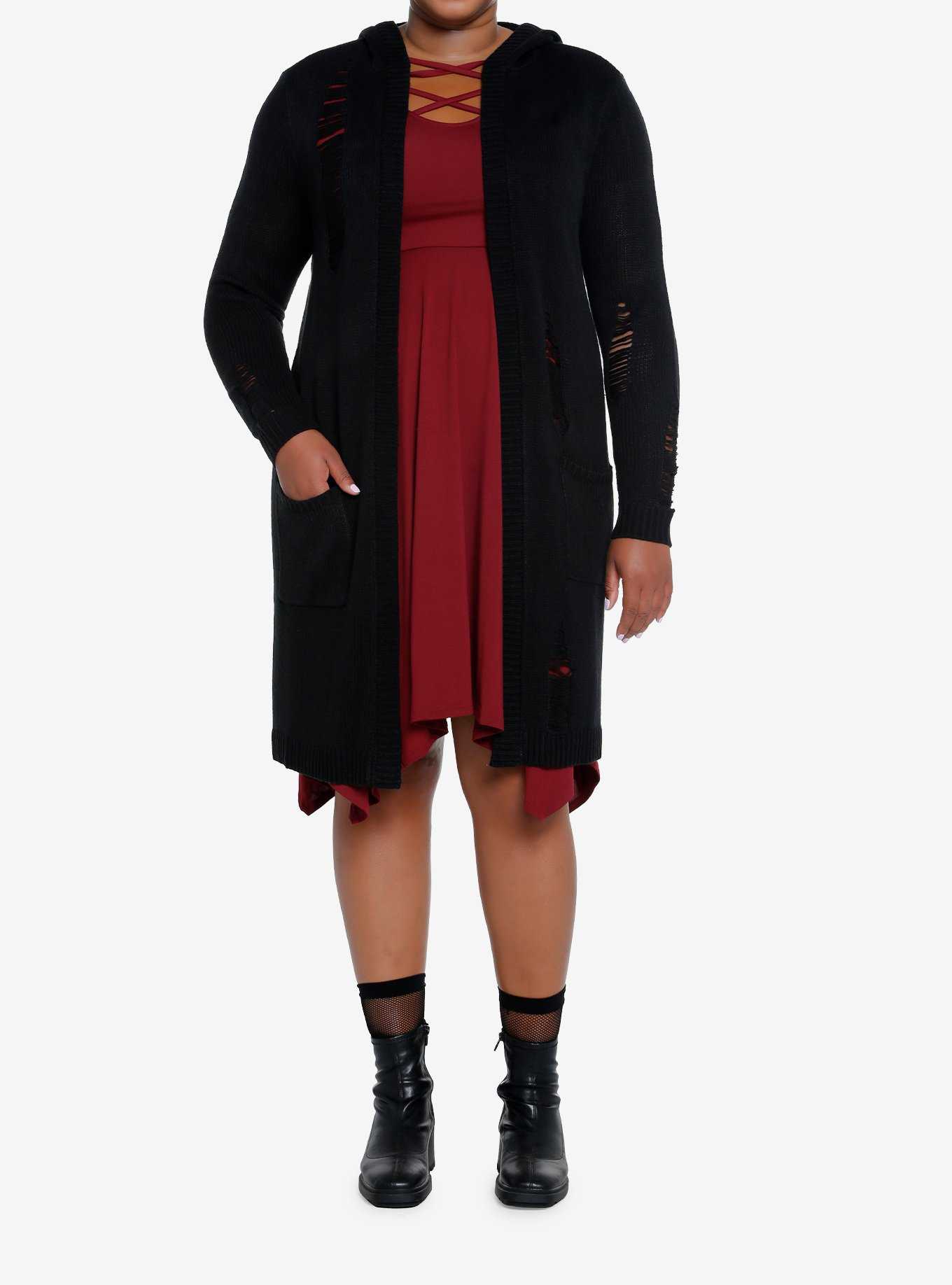 Cosmic Aura Black Distressed Girls Hooded Cardigan Plus Size, , hi-res