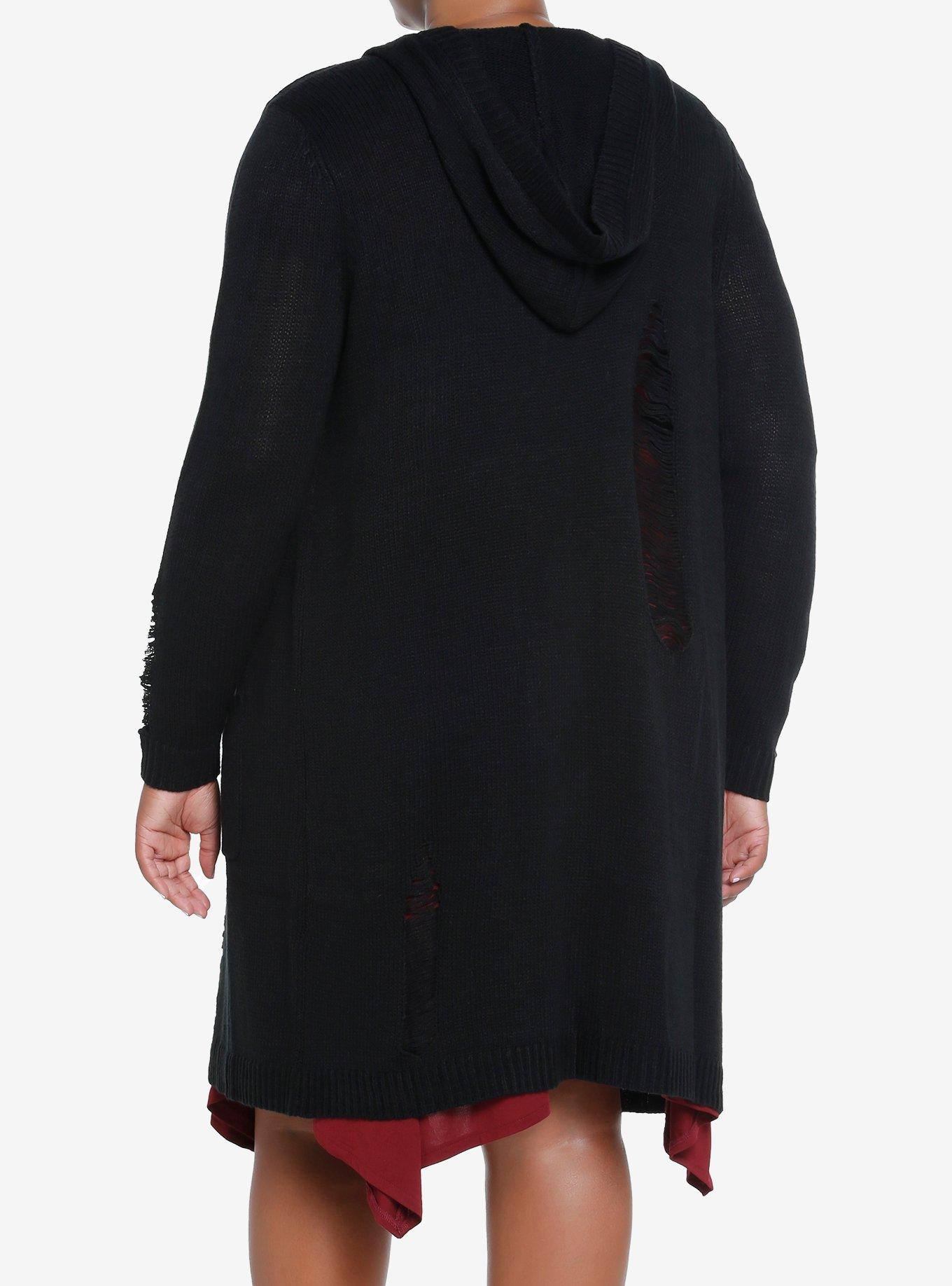 Cosmic Aura Black Distressed Girls Hooded Cardigan Plus Size, BLACK, alternate