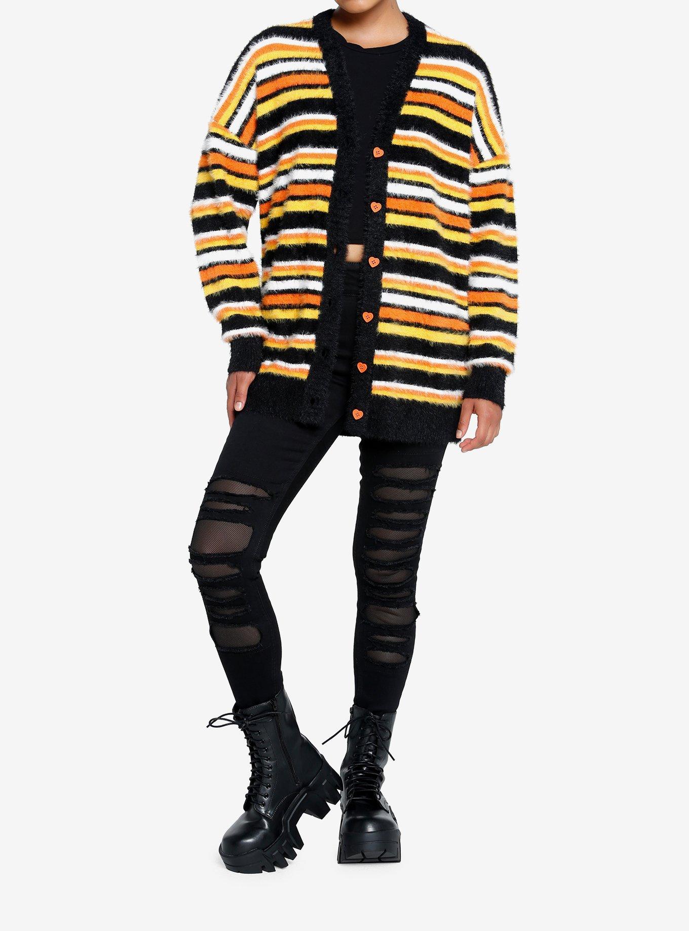 Sweet Society Candy Corn Stripe Fuzzy Girls Cardigan, STRIPES - ORANGE, alternate