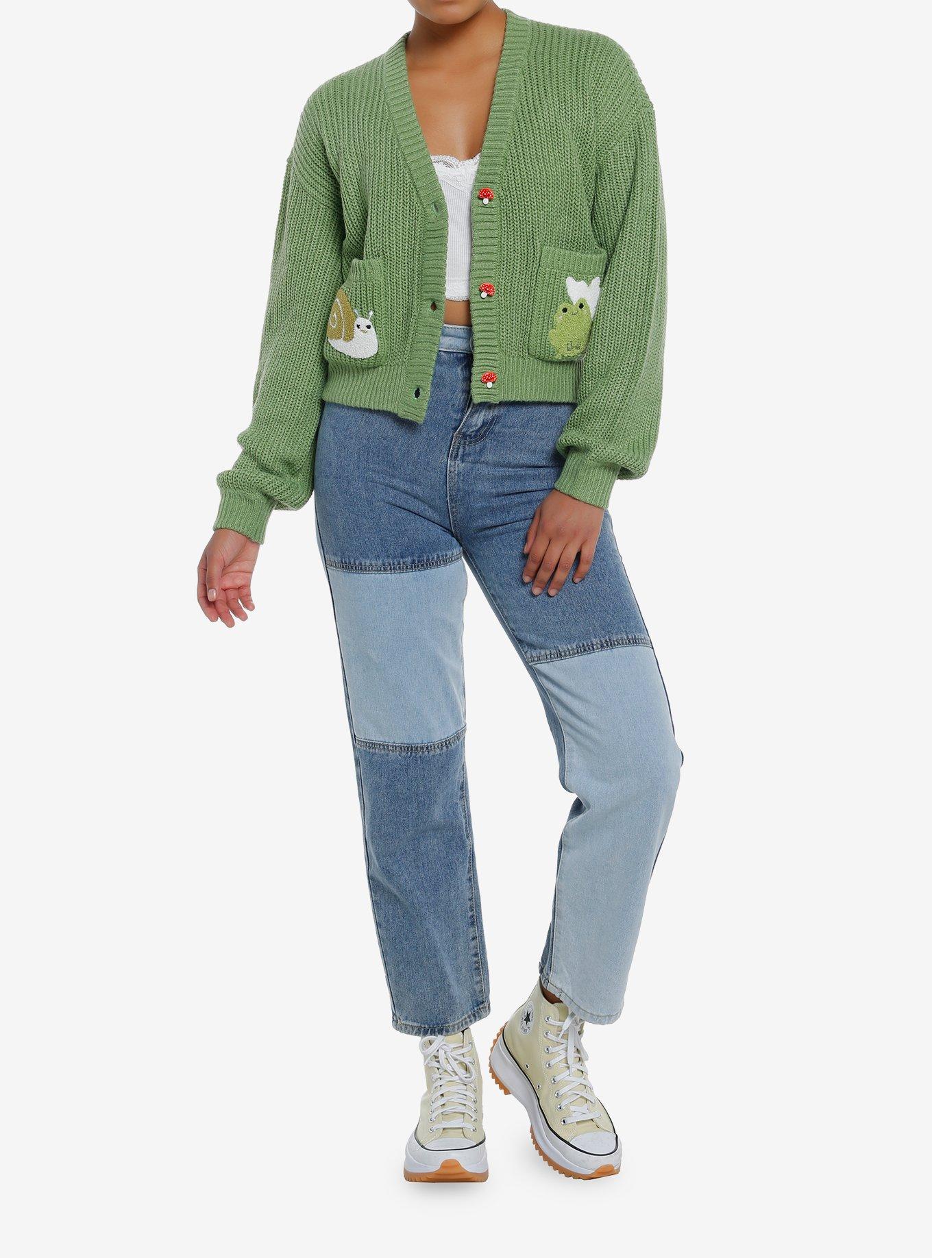 Thorn & Fable Frog & Snail Girls Crop Cardigan, GREEN, alternate