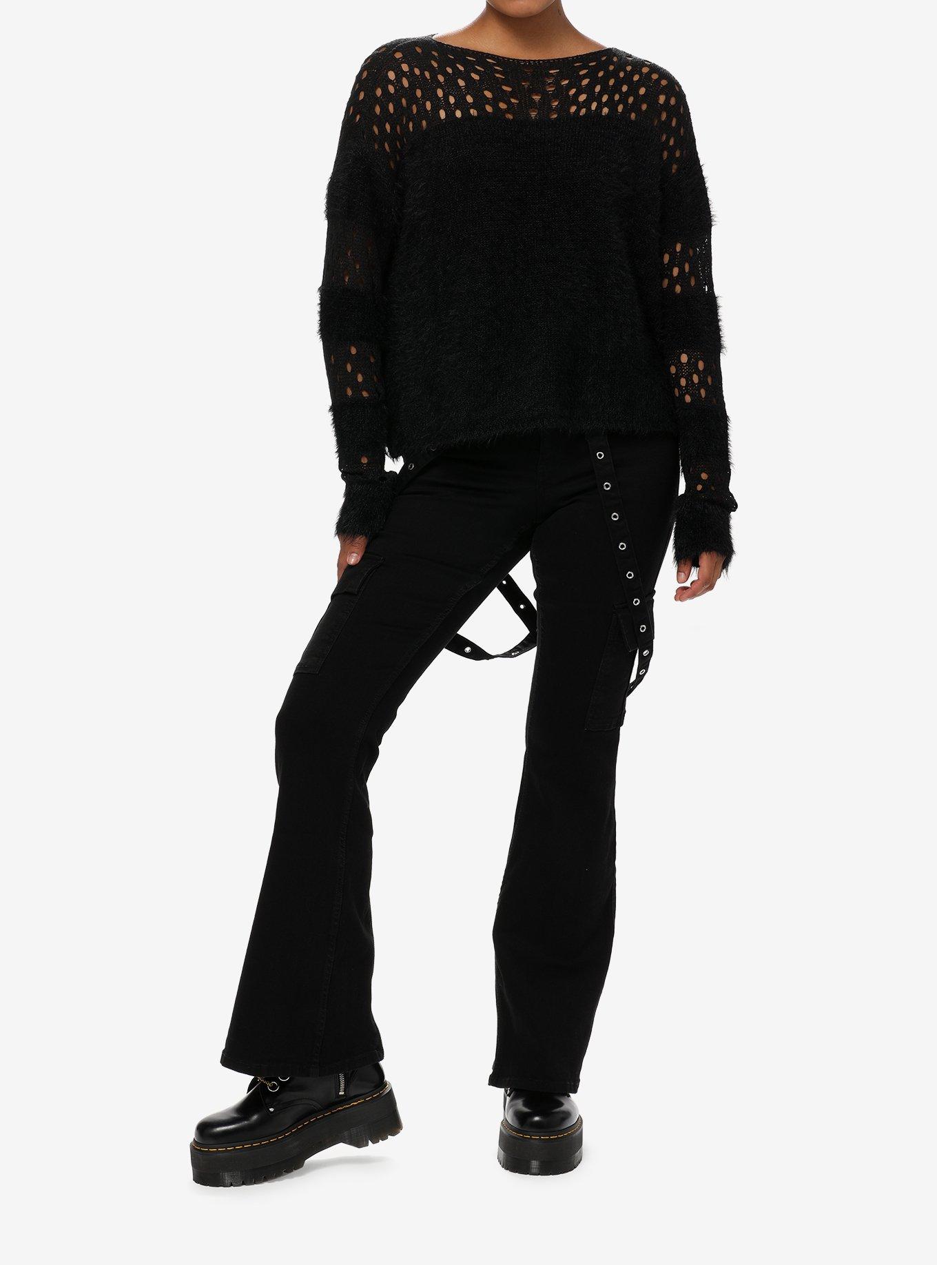 Social Collision Fuzzy Black Striped Fishnet Girls Knit Sweater, BLACK, alternate