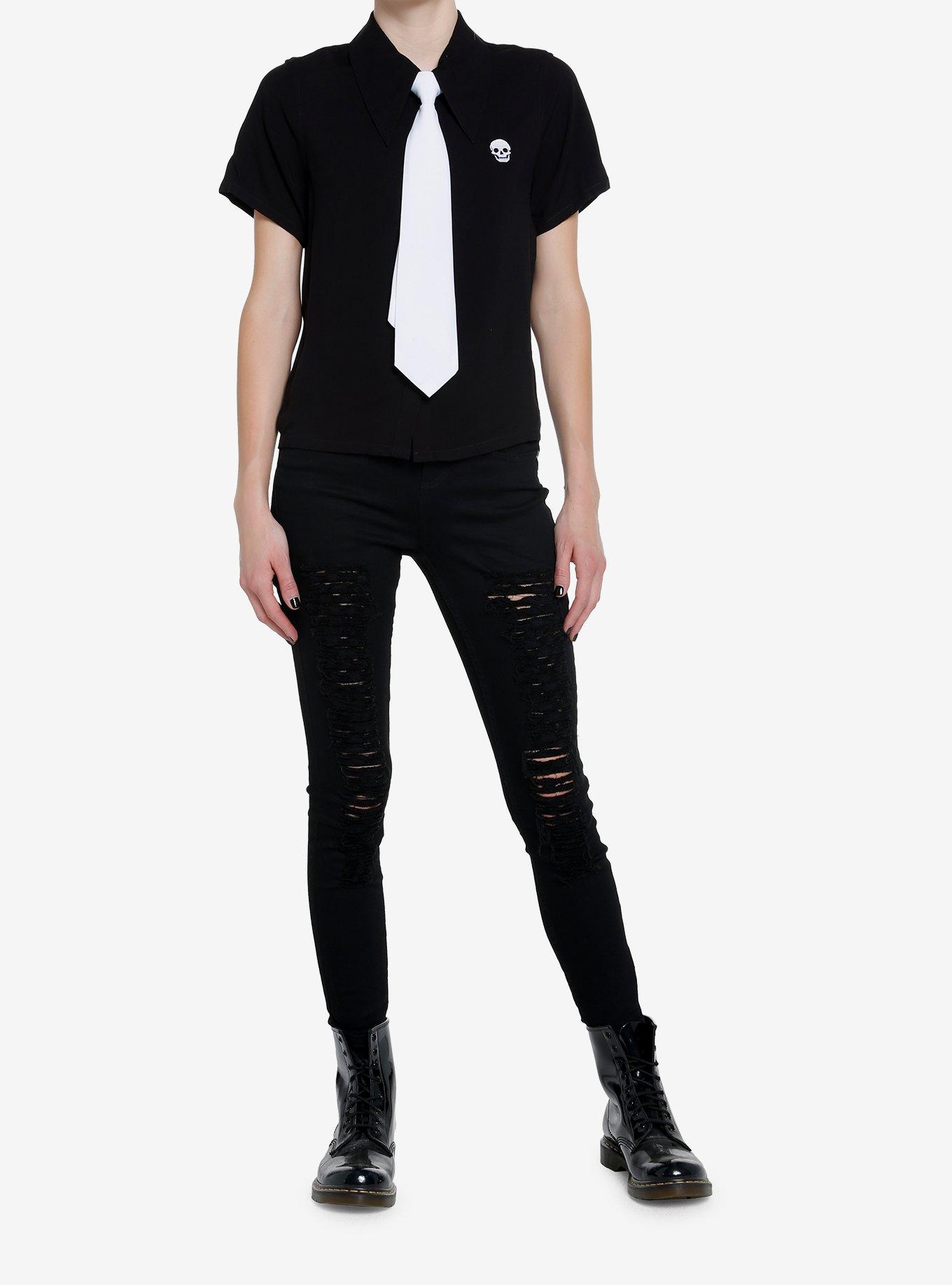 Cosmic Aura Skull & Tie Girls Woven Button-Up, BLACK, alternate