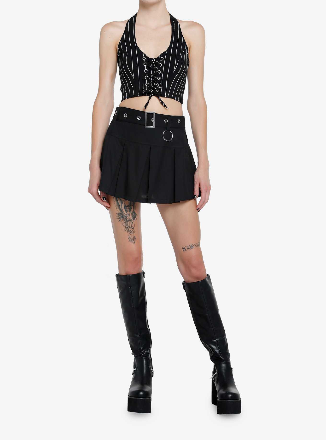 Cosmic Aura Black & White Pinstripe Girls Crop Vest, , hi-res