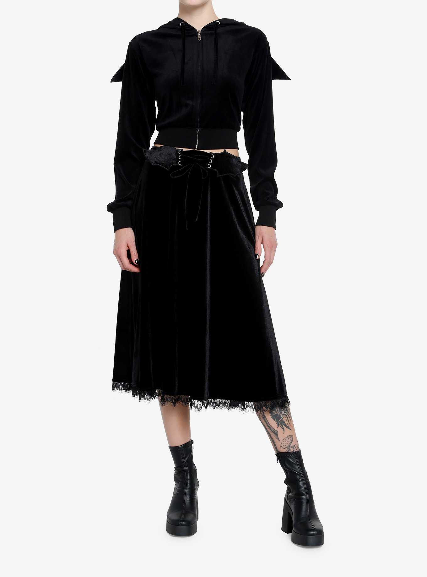 Cosmic Aura Black Velvet Bat Wing Girls Crop Hoodie, , hi-res