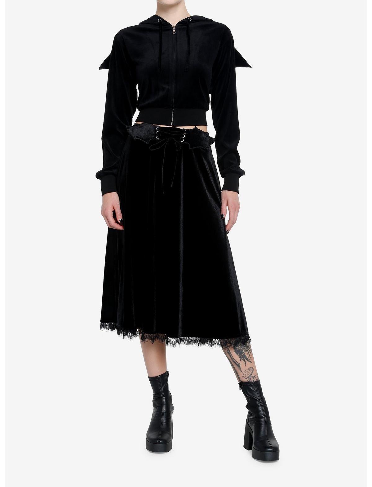 Cosmic Aura Black Velvet Bat Wing Crop Hoodie, , hi-res