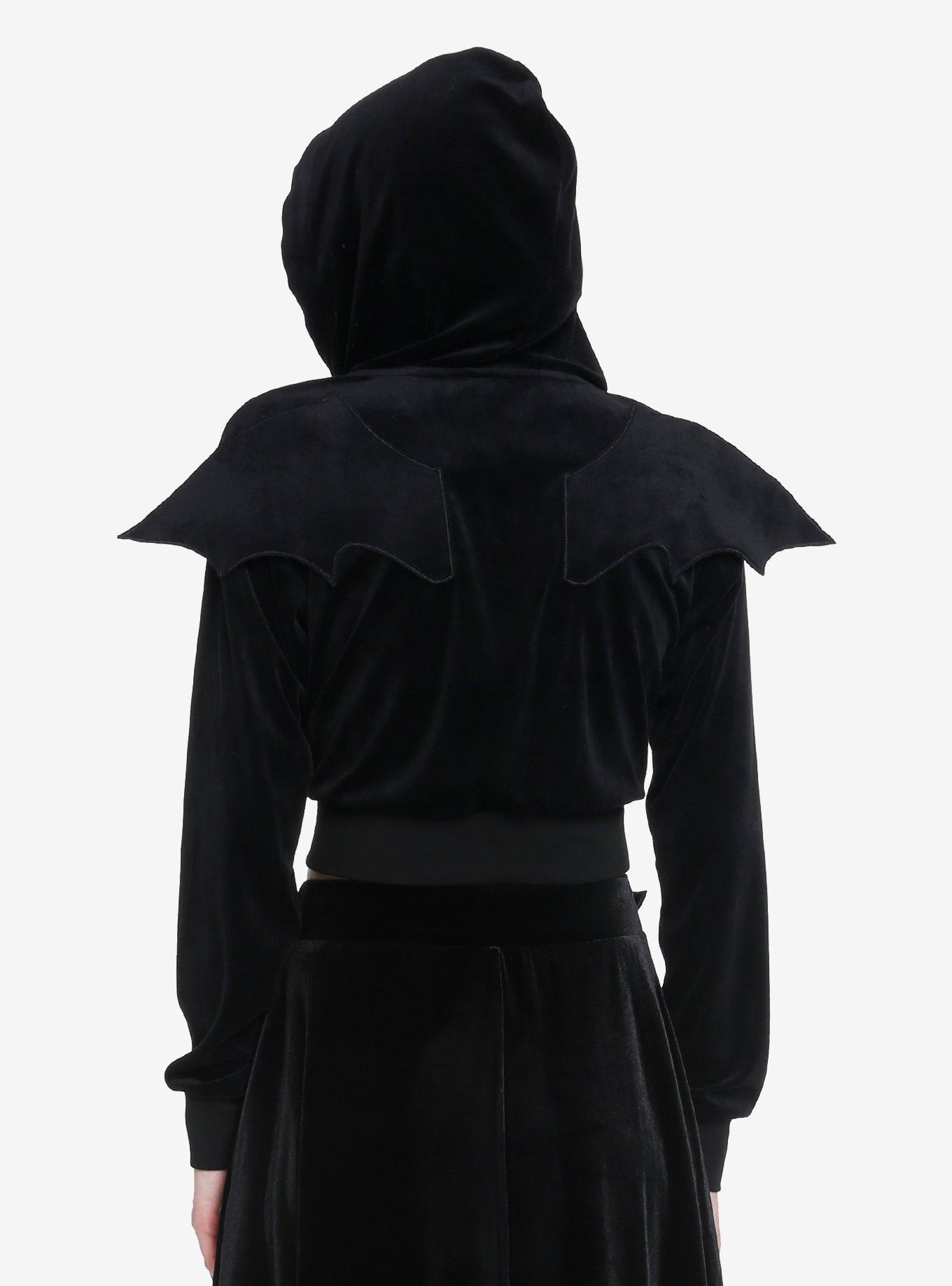 Cosmic Aura Black Velvet Bat Wing Crop Hoodie, BLACK, alternate