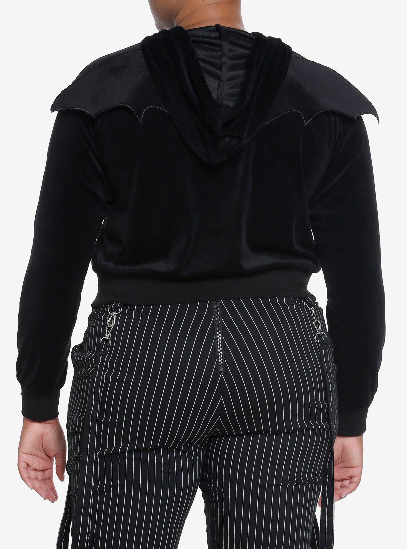 Cosmic Aura Black Velvet Bat Wing Crop Hoodie Plus Size, BLACK, alternate